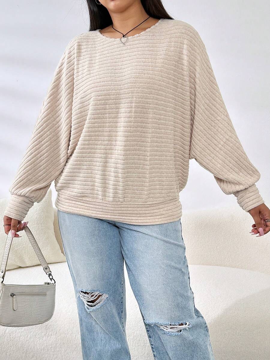 SHEIN EZwear Plus Solid Batwing Sleeve Sweatshirt - Camel - View 1