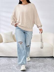 SHEIN EZwear Plus Solid Batwing Sleeve Sweatshirt - Camel - View 5