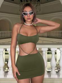 SHEIN ICON Y2k 夏季春装女式夏季三件套性感紧身连衣裙，配有细肩带、紧身臀部和吊带 - 軍綠色 - 查看 1