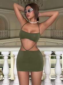 SHEIN ICON Y2k 夏季春装女式夏季三件套性感紧身连衣裙，配有细肩带、紧身臀部和吊带 - 軍綠色 - 查看 2