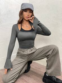 SHEIN EZwear 2 w 1 Rękaw Falbanowy Pomarszczona Trójnik - Szary - Zobacz 3