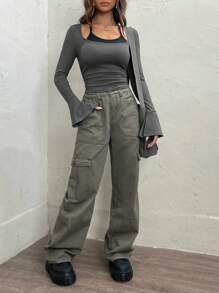 SHEIN EZwear 2 w 1 Rękaw Falbanowy Pomarszczona Trójnik - Szary - Zobacz 4