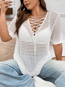 Flirla 大碼前繫帶針織上衣不附胸罩 - 白色 - 查看 5