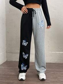 SHEIN EZwear 蝴蝶圖案雙色腰部抽繩衛褲 - 彩色 - 查看 1
