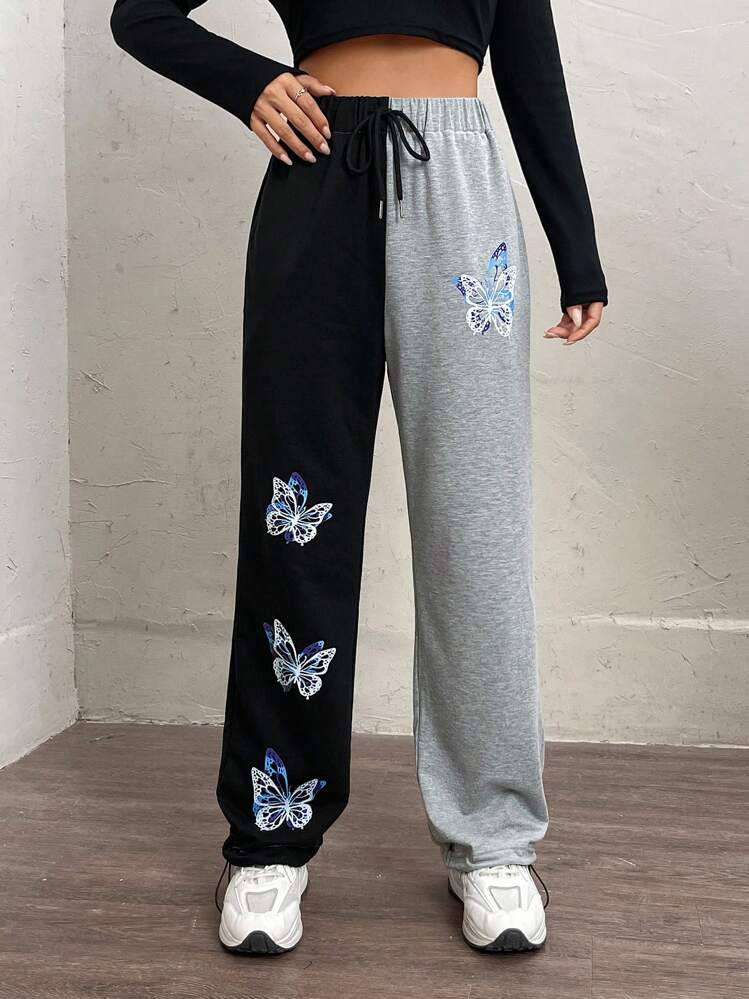 SHEIN EZwear Butterfly Print Two Tone Drawstring Waist Sweatpants - Multicolor - View 1