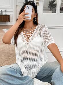 Flirla 大碼前繫帶針織上衣不附胸罩 - 白色 - 查看 6