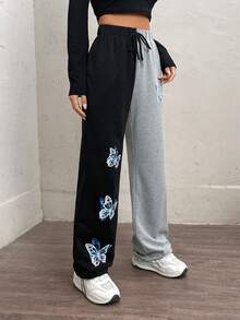 SHEIN EZwear 蝴蝶圖案雙色腰部抽繩衛褲 - 彩色 - 查看 3