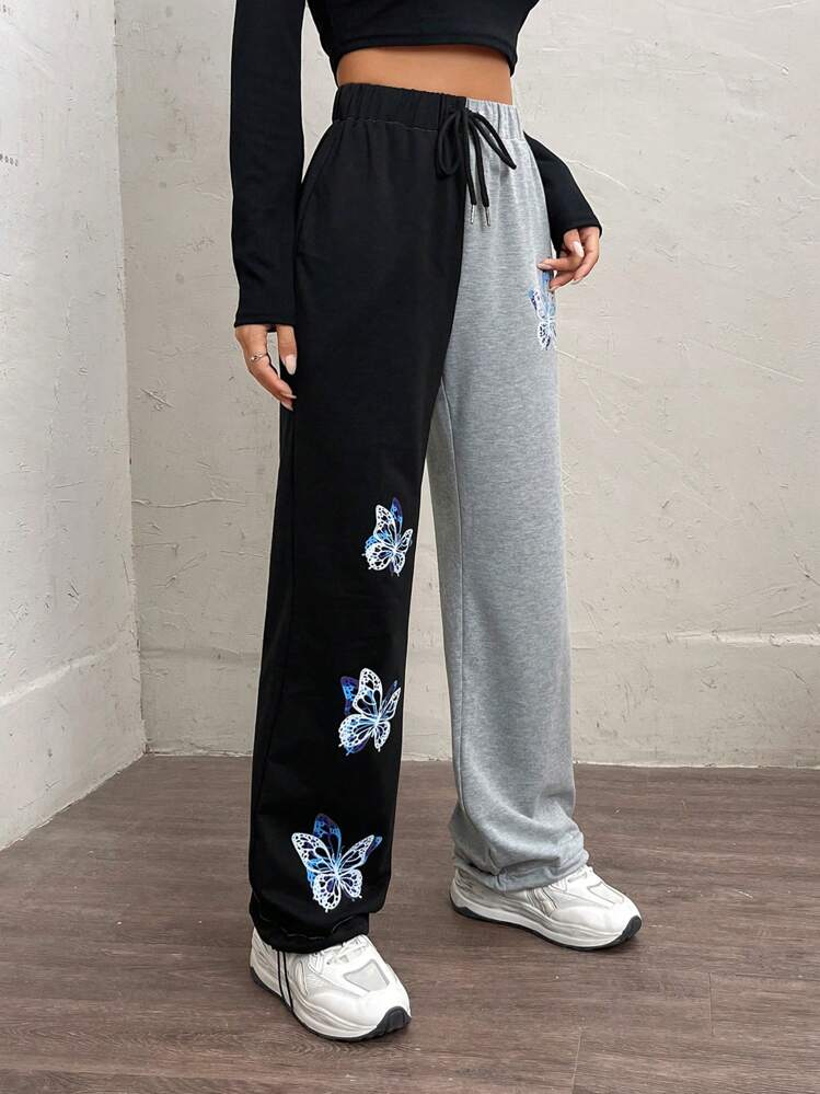 SHEIN EZwear Butterfly Print Two Tone Drawstring Waist Sweatpants - Multicolor - View 3