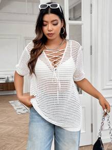 Flirla 大碼前繫帶針織上衣不附胸罩 - 白色 - 查看 1