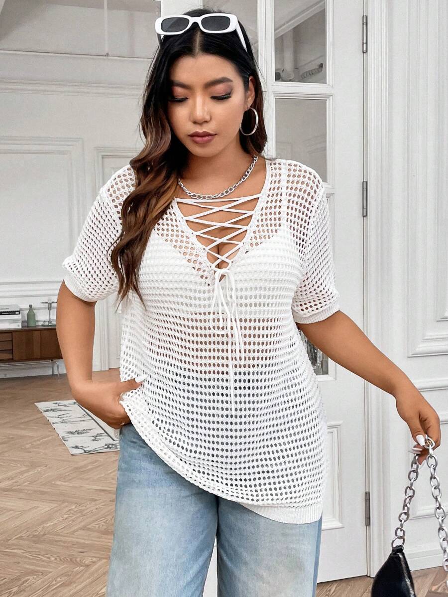 Flirla 大碼前繫帶針織上衣不附胸罩 - 白色 - 查看 1