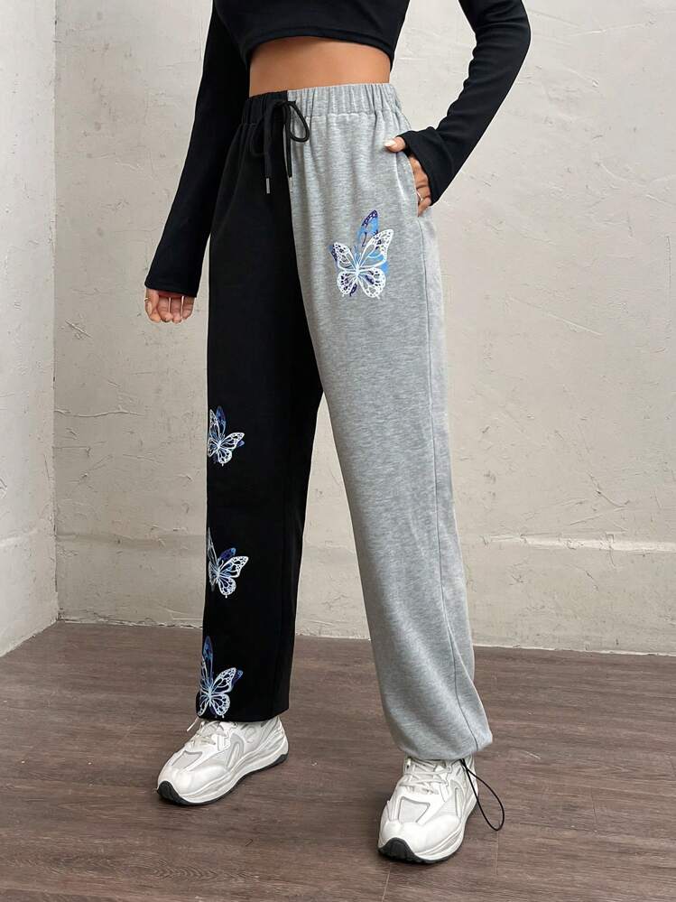 SHEIN EZwear Butterfly Print Two Tone Drawstring Waist Sweatpants - Multicolor - View 4