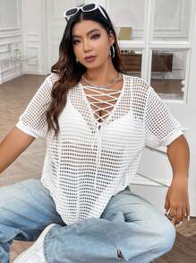 Flirla 大碼前繫帶針織上衣不附胸罩 - 白色 - 查看 8