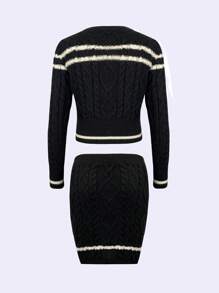 SHEIN Unity Sọc trang trí Xoắn Dan Sweater & Knit Skirt - màu đen - Xem 2