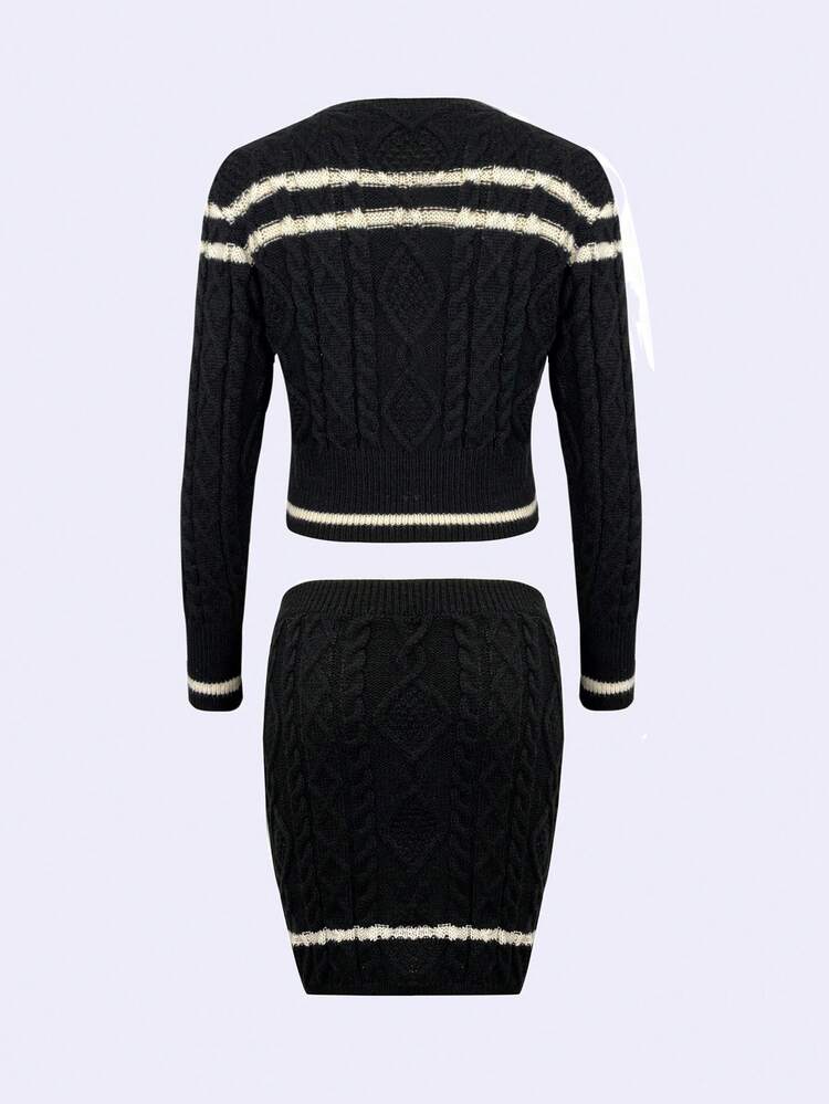 Striped Trim Cable Knit Sweater & Knit Skirt Fall Cloth For Women