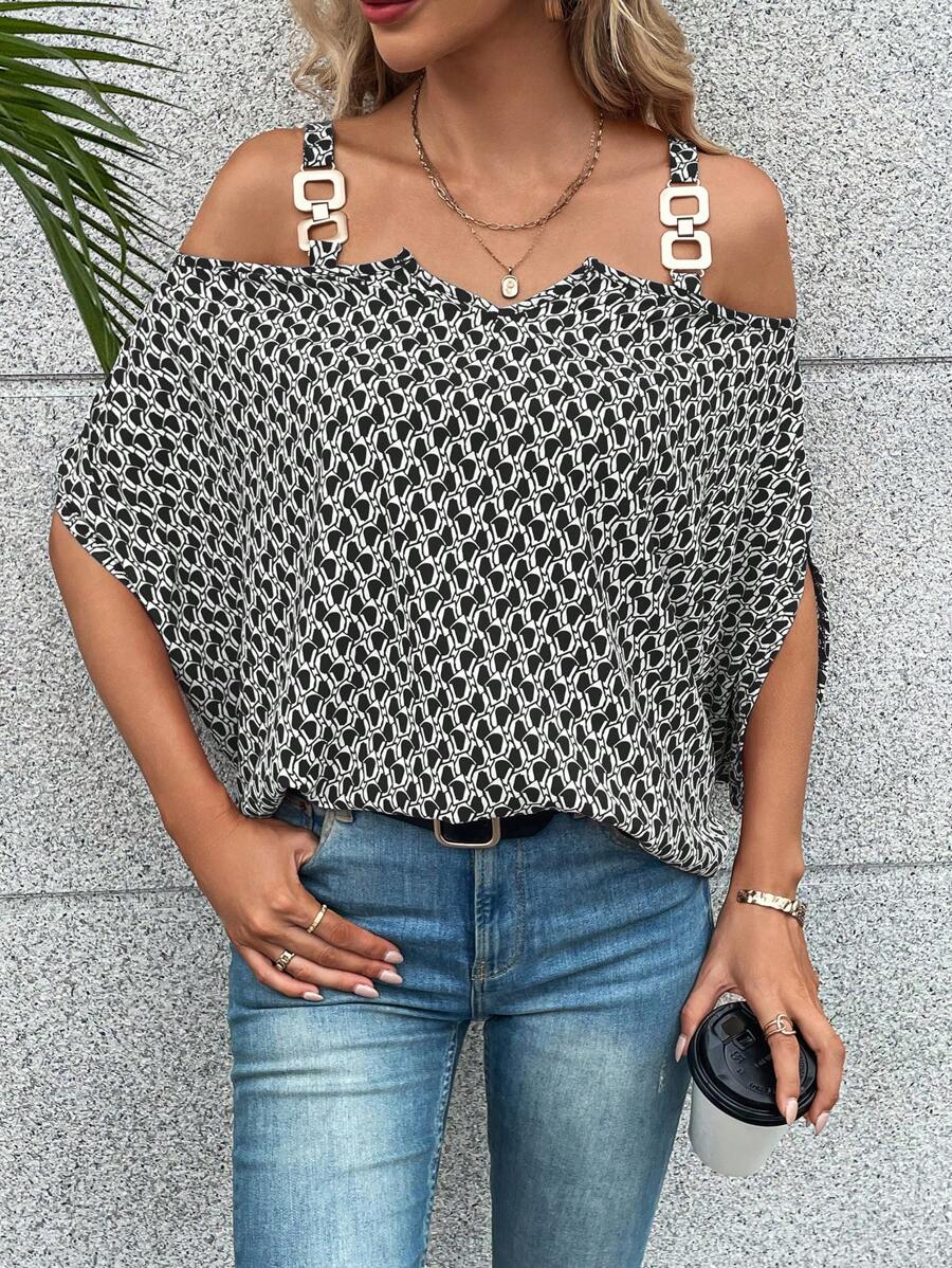 SHEIN LUNE In Toàn bộ Vai lạnh Áo sơ mi - màu đen - Xem 1