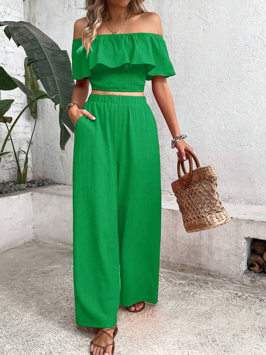 Breezaya Off Shoulder Ruffle Trim Crop Top & Wide Leg Trousers - Green - View 1