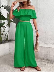 Breezaya Off Shoulder Ruffle Trim Crop Top & Wide Leg Trousers - Green - View 3