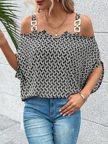 SHEIN LUNE In Toàn bộ Vai lạnh Áo sơ mi - màu đen - Xem 5