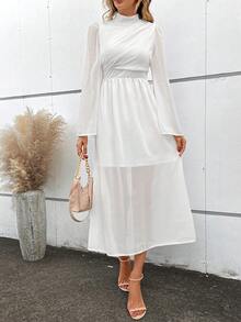SHEIN VCAY Mock Neck Puff Sleeve Ruched Waist Chiffon Dress - White - View 3