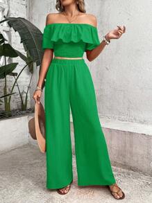 Breezaya Off Shoulder Ruffle Trim Crop Top & Wide Leg Trousers - Green - View 5