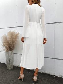 SHEIN VCAY Mock Neck Puff Sleeve Ruched Waist Chiffon Dress - White - View 4