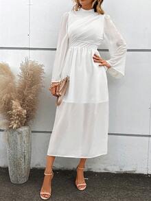 SHEIN VCAY Mock Neck Puff Sleeve Ruched Waist Chiffon Dress - White - View 2