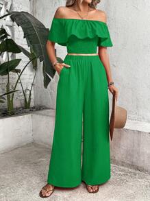 Breezaya Off Shoulder Ruffle Trim Crop Top & Wide Leg Trousers - Green - View 6