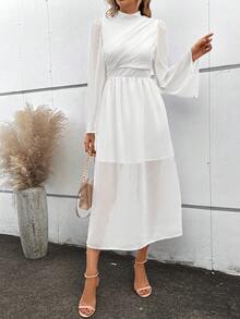 SHEIN VCAY Mock Neck Puff Sleeve Ruched Waist Chiffon Dress - White - View 6