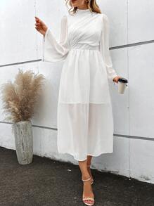 SHEIN VCAY Mock Neck Puff Sleeve Ruched Waist Chiffon Dress - White - View 1