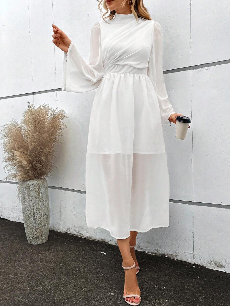 SHEIN VCAY Mock Neck Puff Sleeve Ruched Waist Chiffon Dress - White - View 1