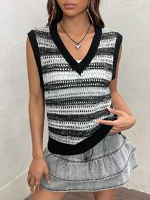 Muchica Striped Pattern Contrast Binding Sweater Vest - Multicolor - View 1