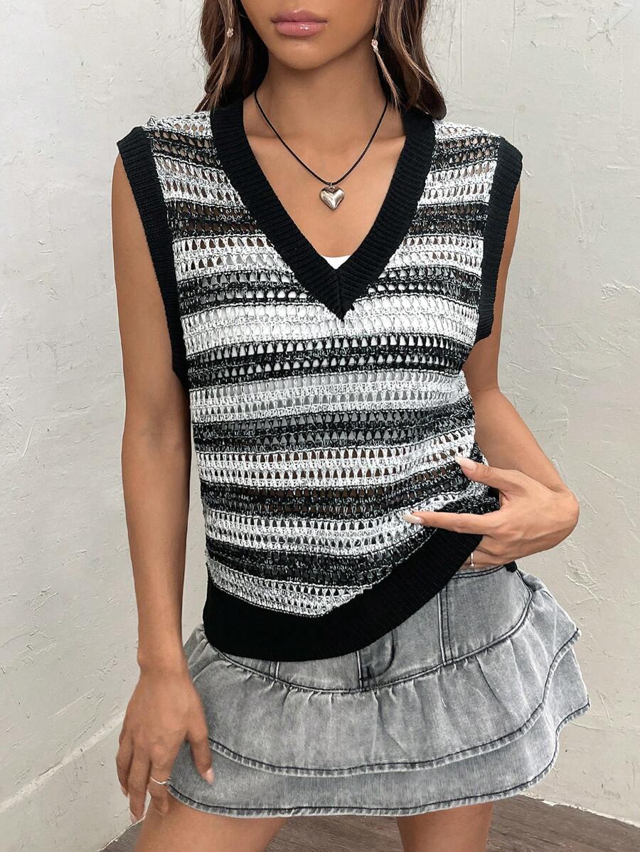 Muchica Striped Pattern Contrast Binding Sweater Vest - Multicolor - View 1