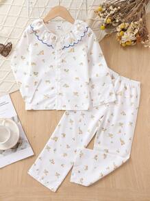 女小童碎花荷葉邊睡衣套裝 - 白色 - 查看 1