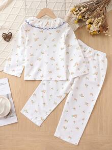 女小童碎花荷葉邊睡衣套裝 - 白色 - 查看 2