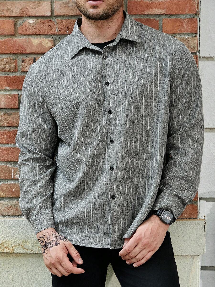 Manfinity Homme Men Plus Striped Print Shirt - Dark Grey - View 1