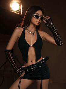 SHEIN ICON 鏈條細節露背吊脖針織上衣帶袖子 - 黑色 - 查看 2