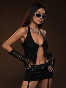 SHEIN ICON 鏈條細節露背吊脖針織上衣帶袖子 - 黑色 - 查看 3