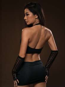 SHEIN ICON 鏈條細節露背吊脖針織上衣帶袖子 - 黑色 - 查看 5