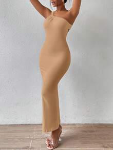 SHEIN SXY Một bờ vai Xù Không lưng Váy bodycon - Màu Khaki - Xem 2