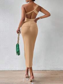 SHEIN SXY Một bờ vai Xù Không lưng Váy bodycon - Màu Khaki - Xem 4