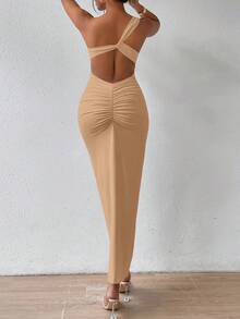 SHEIN SXY Một bờ vai Xù Không lưng Váy bodycon - Màu Khaki - Xem 5
