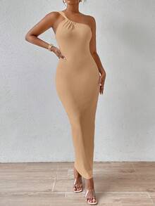 SHEIN SXY Một bờ vai Xù Không lưng Váy bodycon - Màu Khaki - Xem 6