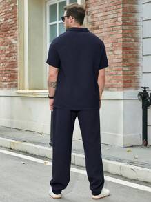 Manfinity Homme Men Plus Solid Button Up Shirt & Pants - Navy Blue - View 2