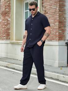Manfinity Homme Men Plus Solid Button Up Shirt & Pants - Navy Blue - View 3