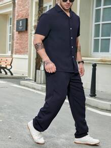 Manfinity Homme Men Plus Solid Button Up Shirt & Pants - Navy Blue - View 4