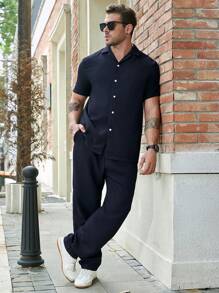 Manfinity Homme Men Plus Solid Button Up Shirt & Pants - Navy Blue - View 5