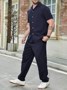 Manfinity Homme Men Plus Solid Button Up Shirt & Pants - Navy Blue - View 6