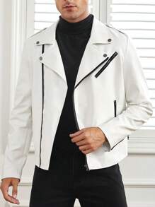 GENTILAND Áo khoác Moto dài tay có khóa kéo dáng rộng dành cho nam - trắng - Xem 5