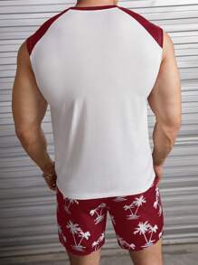 Manfinity NXTstreet 男士字母圖案背心上衣&短褲 - 酒紅色 - 查看 2