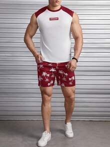 Manfinity NXTstreet 男士字母圖案背心上衣&短褲 - 酒紅色 - 查看 3